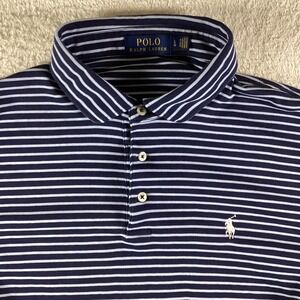 Polo Ralph Lauren Mens Large Navy Blue White Striped Short Sleeve Polo Shirt
